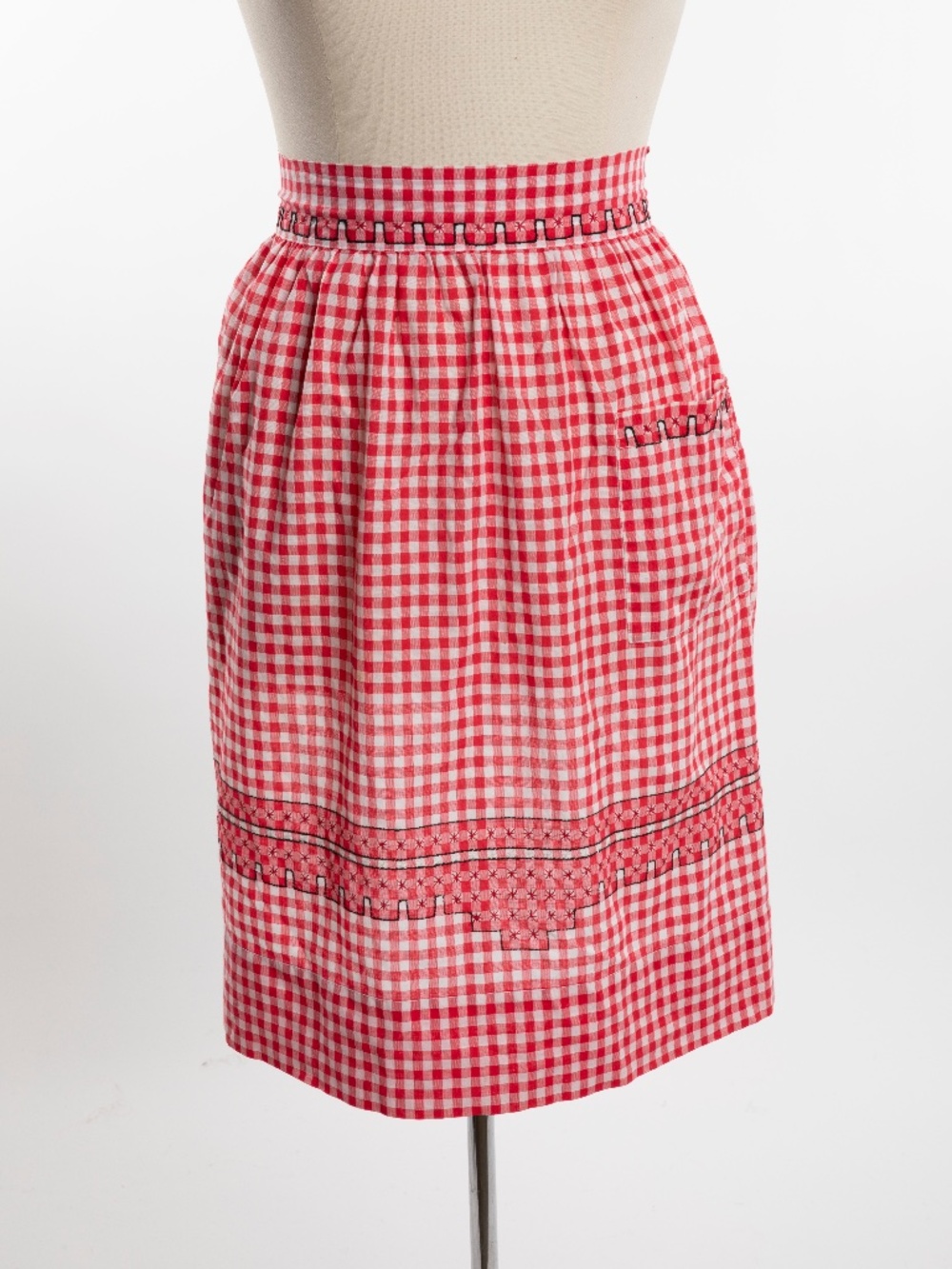Antique Red & White Gingham Apron with Embroidery & Pockets